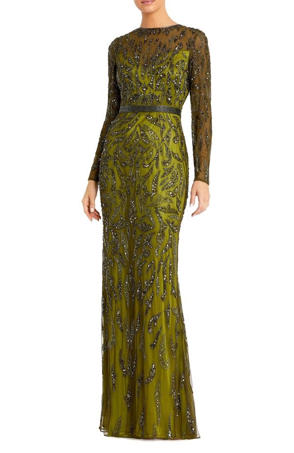 マックダガル レディース トップス ワンピース Mac Duggal Abstract Beaded Long Sleeveningown Olive オリーブ