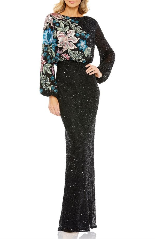 マックダガル レディース トップス ワンピース ハイネック スパンコール Mac Duggal Womens High Neck Blouson Sleeve Sequin Gown Black Multi ブラック