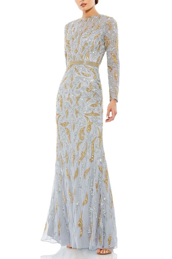 マックダガル レディース トップス ワンピース Mac Duggal Abstract Beaded Long Sleeveningown Platinum Gold ゴールド 96,690円