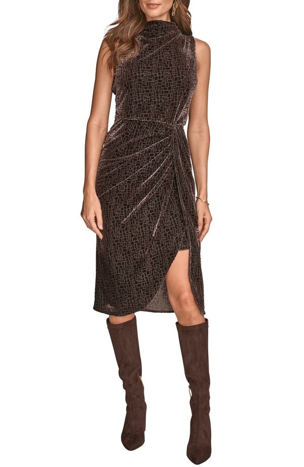 ダナ キャラン ニューヨーク レディース トップス ワンピース ミディ ベルベット ノースリーブ Donna Karanew York Geo Velvet Burnout Sleeveless Midi Dress Chocolt