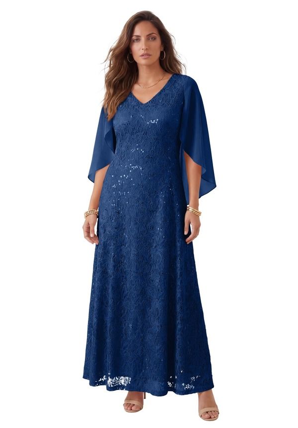 ロアマンズ レディース トップス ワンピース プラスサイズ キャップ ケープ レース Roamans PlusSize Allover Lace Gown With Capelet Evening Blue ブルー
