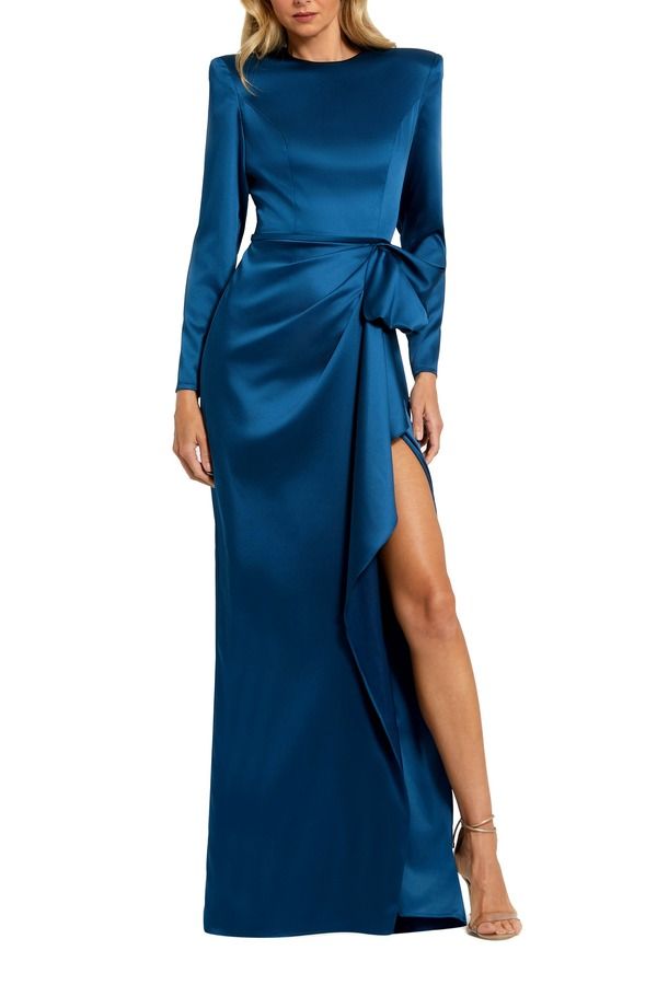 マックダガル レディース トップス ワンピース ドレープチ サテン Mac Duggal Petite Long Sleeve Satin Structured Bow Draped Column Gown Ocean Blue ブルー