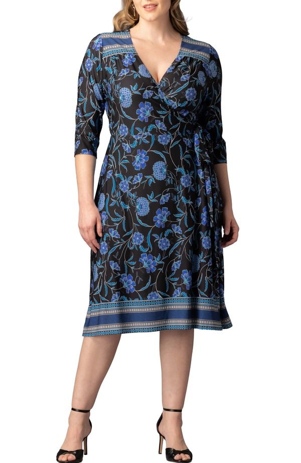 キヨナ レディース トップス ワンピース A ライン フラワー柄 フラワー Kiyonna Beguiling Floral ALine Wrap Dress Blue Border Print ブルー