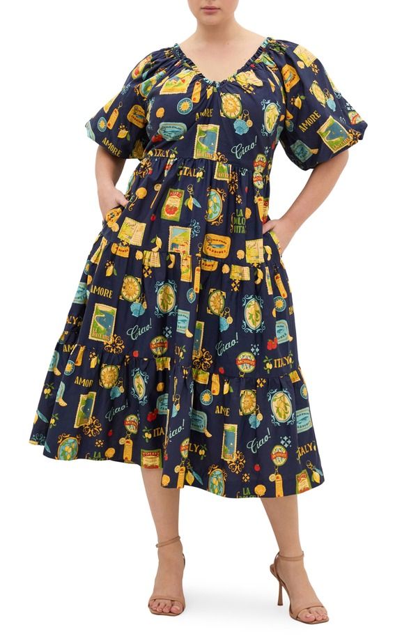 シティーシック レディース トップス ワンピース プリント ミディ City Chic Fantasy Print Flared Midi Dress Navy La Dolce ネイビー