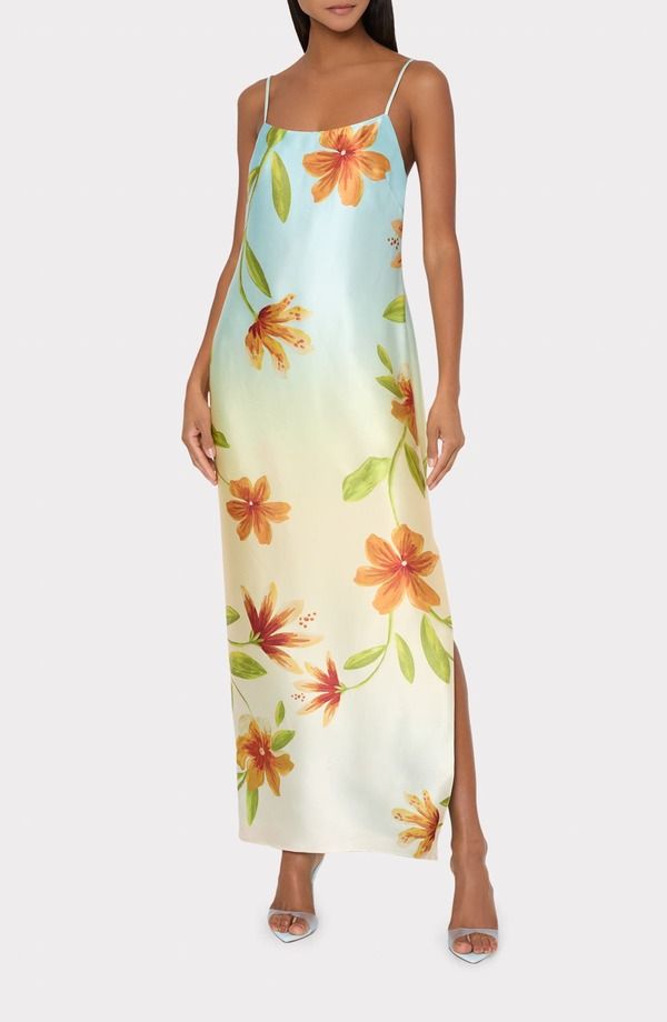 ミリー レディース トップス ワンピース フラワー柄 プリント サテン ノースリーブ マキシ フラワー Milly Lily Floral Print Sleevelessatin Maxi Dress Yellow Multi イエロー