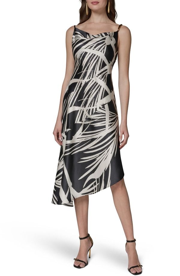 ダナ キャラン ニューヨーク レディース トップス ワンピース アシンメトリー プリント ミディ Donna Karanew York Print Cowl Neck Asymmetric Midi Dress Black Cream クリーム