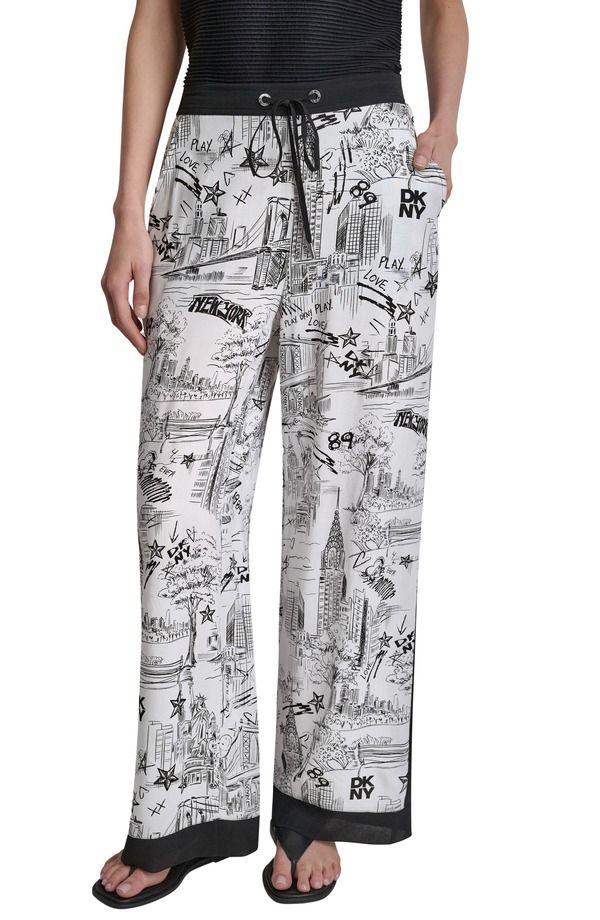 ダナ キャラン ニューヨーク レディース ボトムス レギンス ワイドレッグ プリント パンツ DKNY New York Print Wide Leg Pants New York Toile White ホワイト
