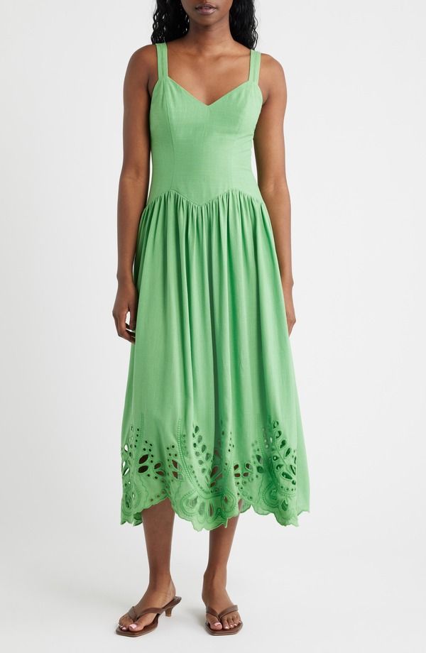 ムーンリバー レディース トップス ワンピース コットン リネン MOON RIVER Eyelet Drop Waist Cotton Linen Sundress Green グリーン