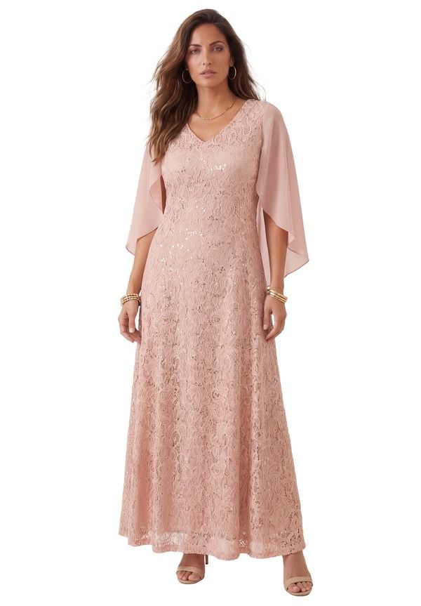 ロアマンズ レディース トップス ワンピース プラスサイズ キャップ ケープ レース Roamans PlusSize Allover Lace Gown With Capelet Pale Blush ブラッシュ