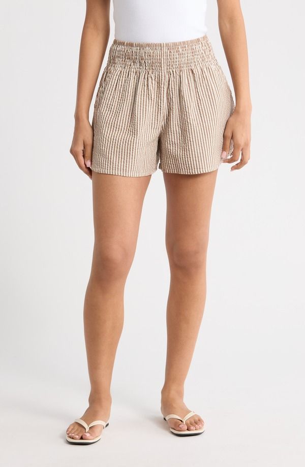 マリーン レイヤー レディース ボトムス ハーフパンツ・ショーツ ショートパンツ コットン Marine Layer Isla Stripe Cotton Kapok Seersucker Shorts Mocha Stripe モカ