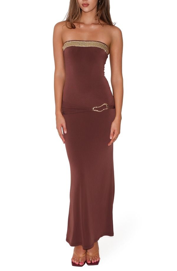 タイガーミスト レディース トップス ワンピースパンコール ストラップレス Tiger Mist Sequin Detail Strapless BodyCon Gown Cinnamon Chocolate チョコレート
