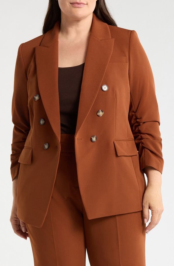 タハリエーエスエル レディース アウター ジャケット・ブルゾン ギャザー ブレザー Tahari ASL Ruched Sleeve Double Breasted Blazer Cinnamon