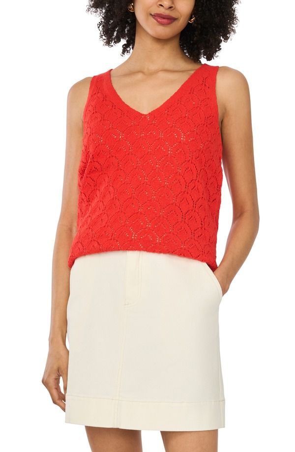 ヴィンスカムート レディース アウター パーカー・スウェット コットン Vince Camuto Cotton Blend Pointelle Tank Lobstered レッド