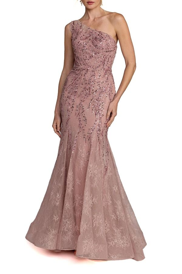 マックダガル レディース トップス ワンピース レース Mac Duggal Embellished Lace One Shoulder Mermaid Gown Rose
