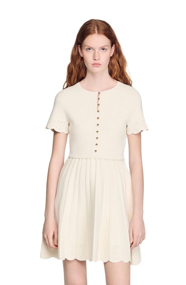 サンドロ レディース トップス ワンピース ニット SANDRO Pointelle knit short dress Ecru エクリュ