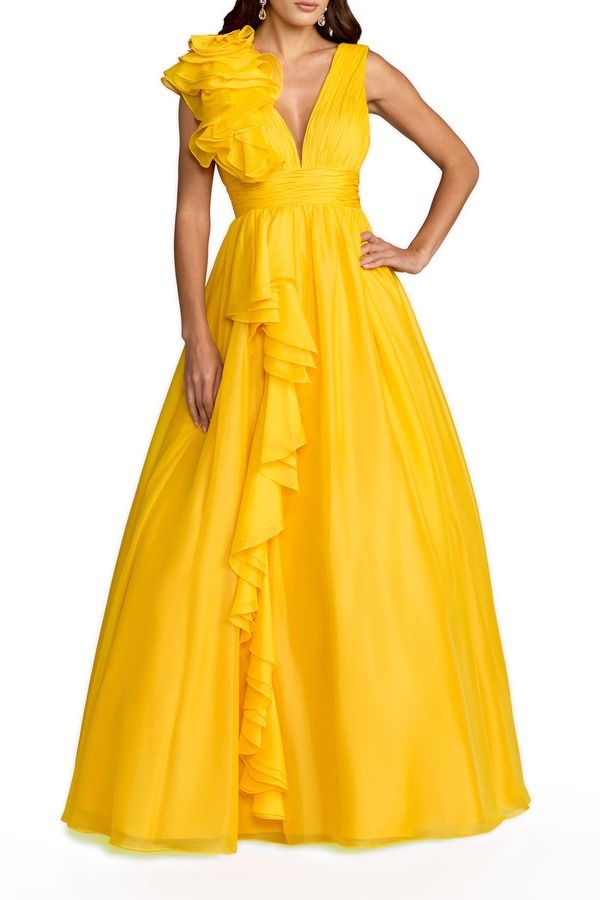 マックダガル レディース トップス ワンピース シフォン フリル Mac Duggal Chiffone Shoulderuffle Detail Ball Gown Marigold