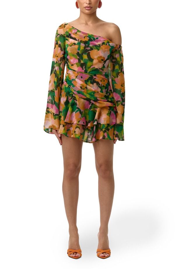ネイキッドワードローブ レディース トップス ワンピース プリント フリル ミニ ワンショルダー Naked Wardrobe Ruffle Print OneShoulder Long Sleeve Minidressecret Garden