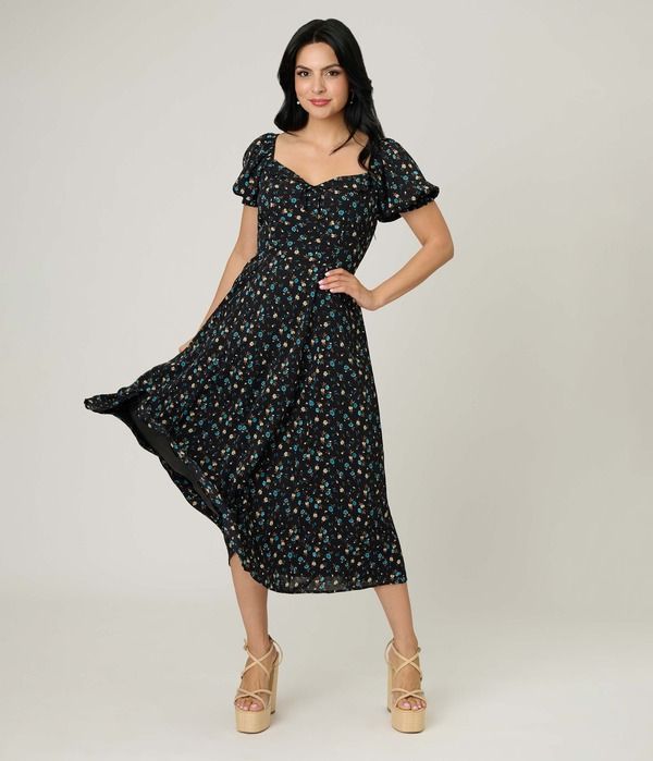 ユニークビンテージ レディース トップス ワンピース ミディ Unique Vintage Dot Puff Sleeve Midi Dress Black Blue Floral ブラック
