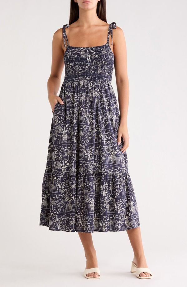 マリーン レイヤー レディース トップス ワンピース シャーリング コットン Marine Layer Carmen Tie Strap Smocked Cotton Blend Sundress Flores Print