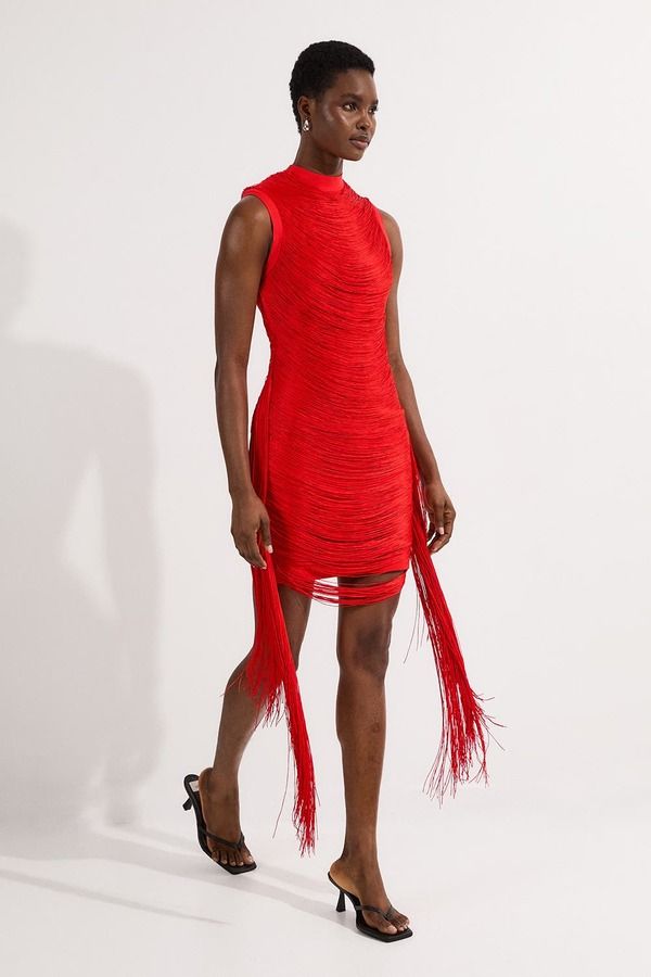 カレンミレン レディース トップス ワンピース ミニット Karen Millen Knitassel Mini Dress Red レッド