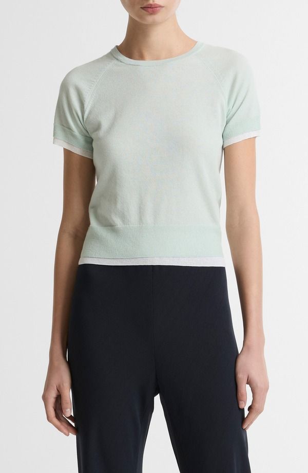 ヴィンス レディース アウター パーカー・スウェット セーター Vince Double Layeraglan Short Sleeve Sweater Aqua Stone Optic White ホワイト