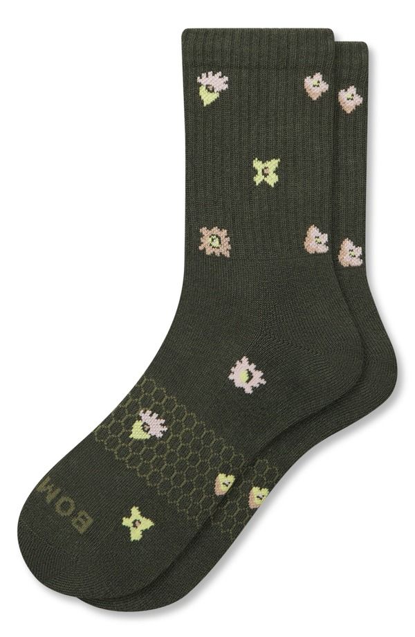 ボンバス レディース アンダーウェア 靴下 コットン Bombas Tossed Flowers Cushioned Cotton Blend Crew Socks Midnight Olive オリーブ