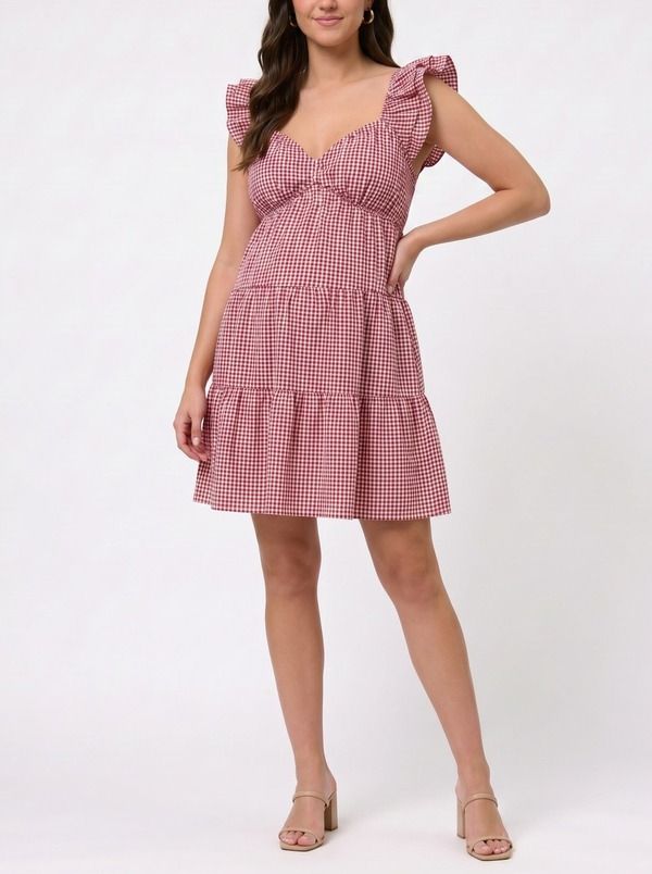 マザーフッドマタニティー レディース トップス ワンピース Vネック ティアード ミニ MOTHERHOOD MATERNITY V Neck Flutter Sleeve Tiered Mini Dress Red White Gingham ホワイト