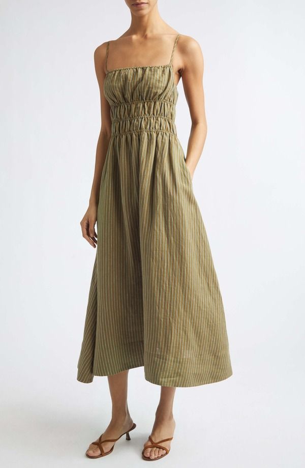 スタウド レディース ボトムス カジュアルパンツ ミディ リネン STAUD Ayla Linen Midi Sundress Porto Stripe ストライプ