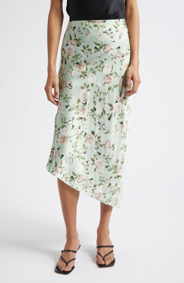 アリス アンド オリビア レディース ボトムスカート アシンメトリー プリント サテン Alice Olivia Maeve Mixed Print Asymmetric Satin Slip Skirt Garden Gossip Light Sage セー