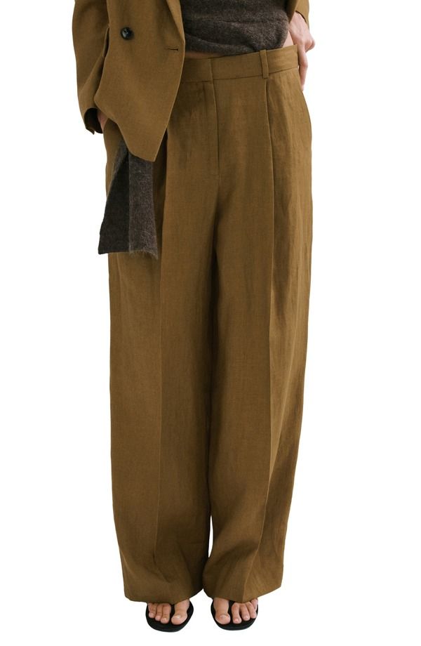 マンゴ レディース ボトムス デニムパンツ ストレート リネン MANGO Linen Straight Leg Suit Pants Olive Green グリーン