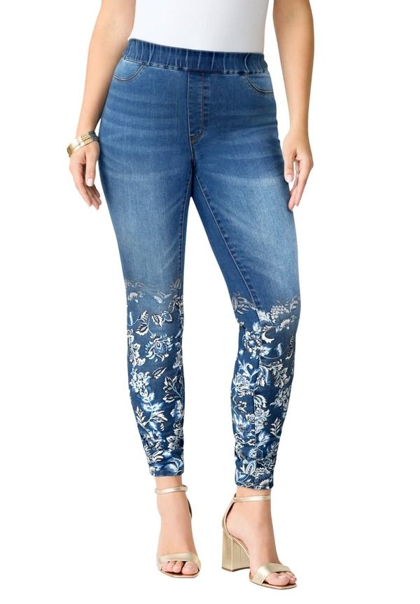 ロアマンズ レディース ボトムス デニムパンツ プラスサイズ Roamans Plusize 360 Stretch Jegging Stonewash Ombre Floral
