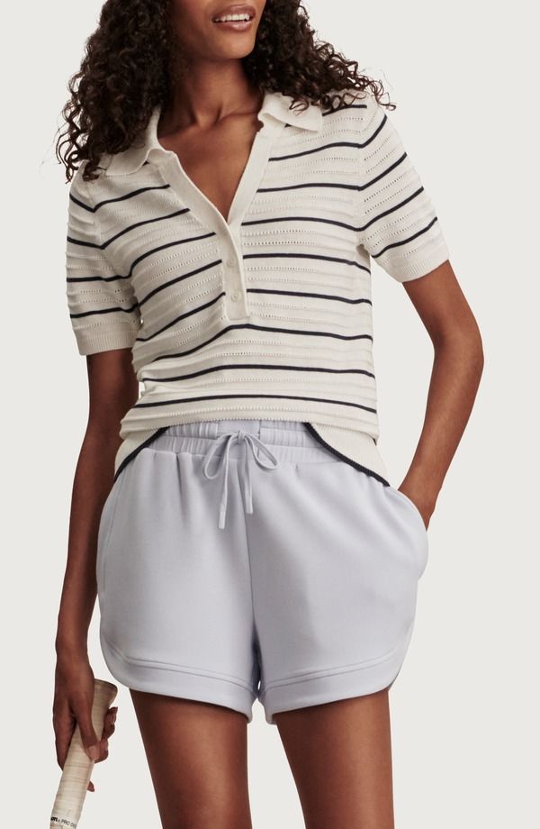 バーレイ レディース アウター パーカー・スウェット ポロシャツ セーター コットン Varley Wren Stripe Cotton Blend Pointelle Polo Sweater White Blue Nights ホワイト