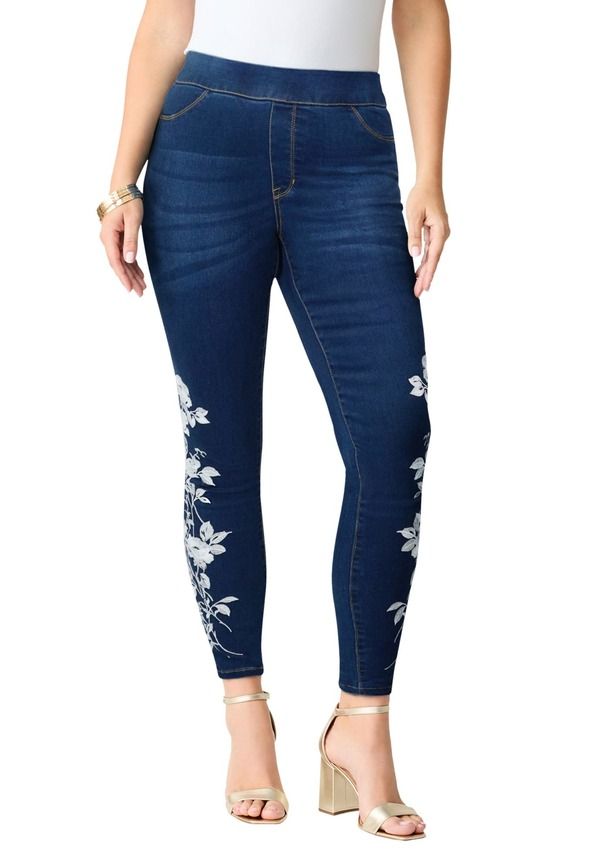 ロアマンズ レディース ボトムス デニムパンツ プラスサイズ Roamans Plusize 360 Stretch Jegging Whitembroidered Rose ホワイト