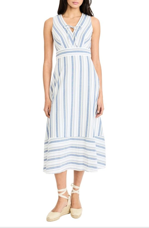 マギーロンドン レディース ボトムス カジュアルパンツ Vネック ミディワンピース ミディ Maggy London Stripe VNeck Midi Dress Ivory Blue Yellow アイボリー