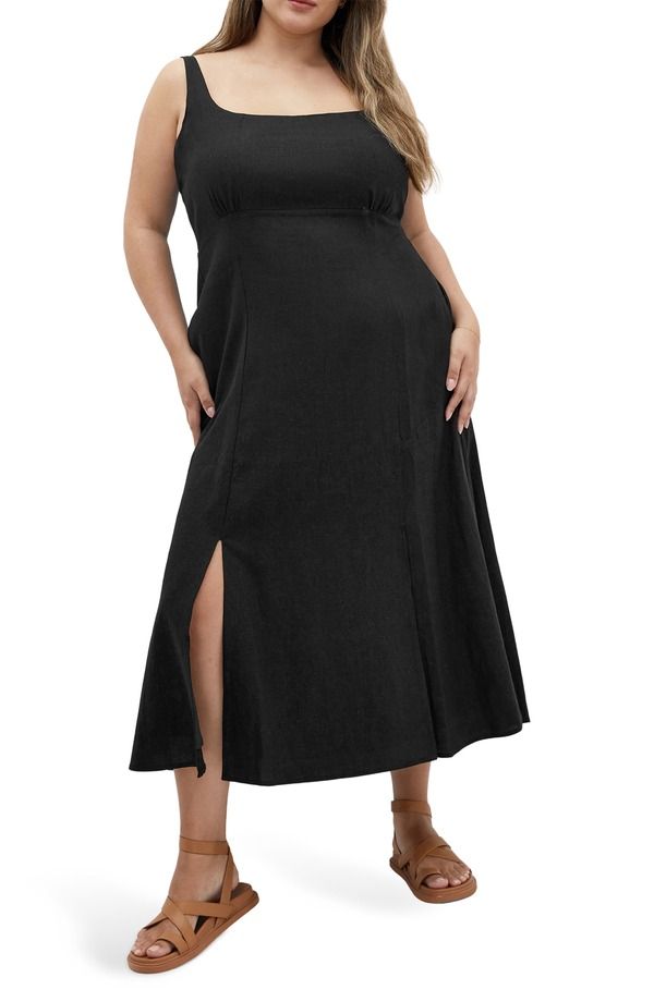 シティーシック レディース ボトムス カジュアルパンツ リネン City Chic Elly Square Neck Linen Blend Sundress Black ブラック