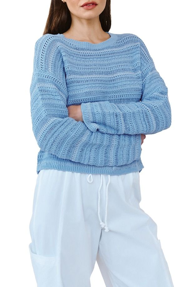 ベラダール レディース アウター パーカー・スウェット クルーネック セーター Bella Dahl Textured Stripe Crewneck Sweater Sea Breeze Blue ブルー