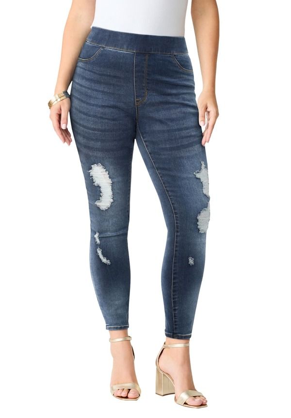 ロアマンズ レディース ボトムス デニムパンツ プラスサイズ Roamans Plusize 360 Stretch Jegging Distressed