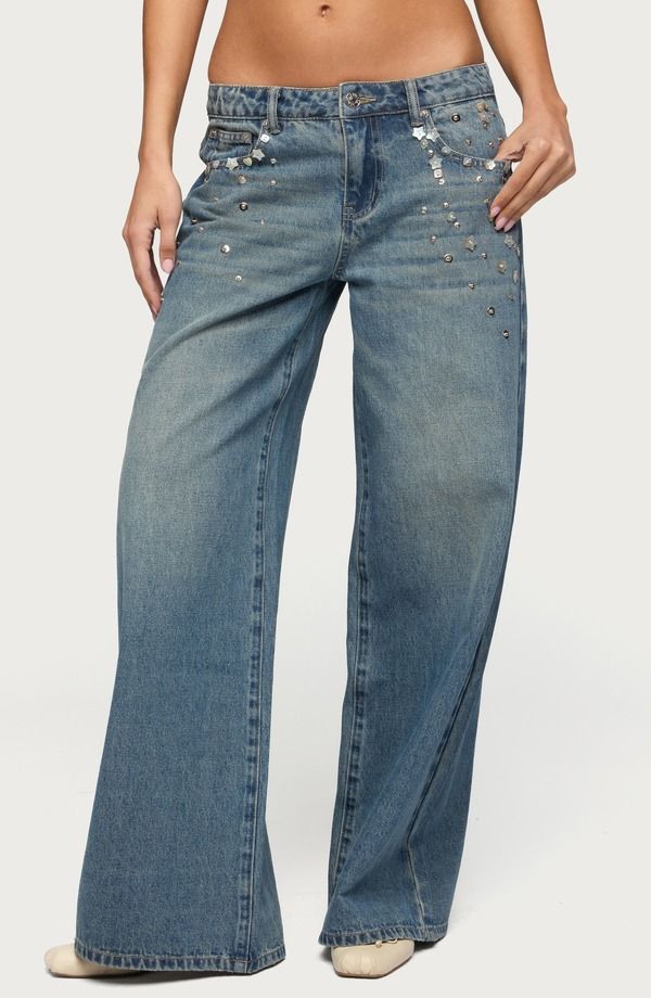 アディクテッド レディース ボトムス デニムパンツ ローライズ ジーンズ EDIKTED Mahalia Embellished Low Rise Baggy Jeans BlueVintageWashed ブルー