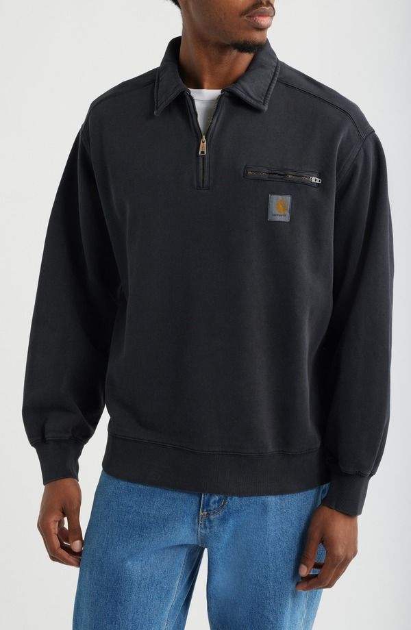カーハート メンズ アウター パーカー・スウェット ハーフジップ シャツ コットン Carhartt Work In Progress Half Zip Cotton Sweatshirt Black Stone ブラック