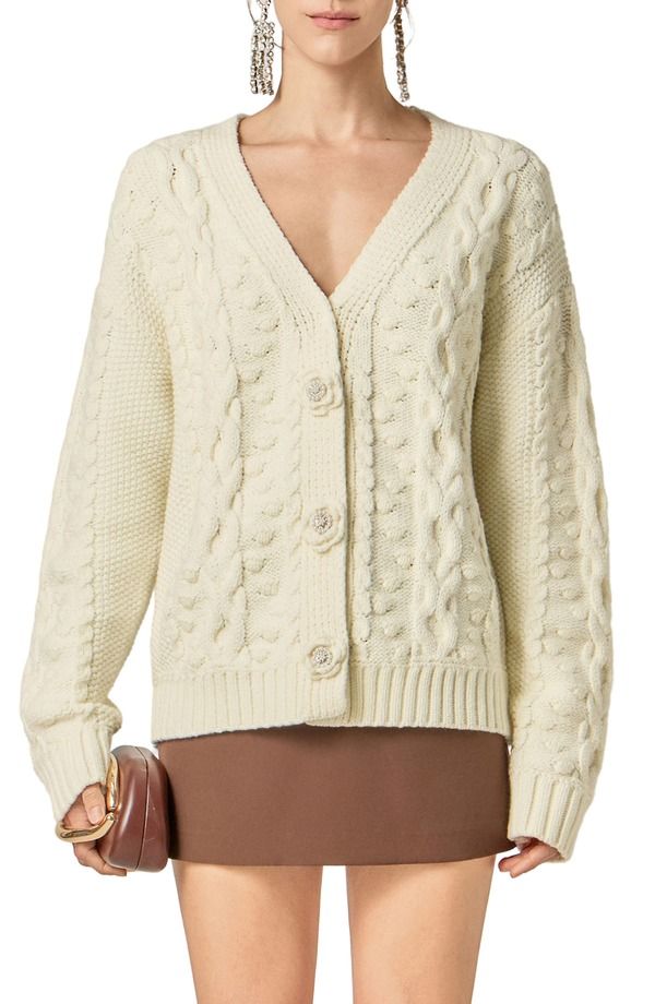 イングリッシュファクトリー レディース アウター パーカー・スウェット Vネック フラワー柄 カーディガン フラワー English Factory VNeck Cable Cardigan with Floral Buttons Off White オフホワ