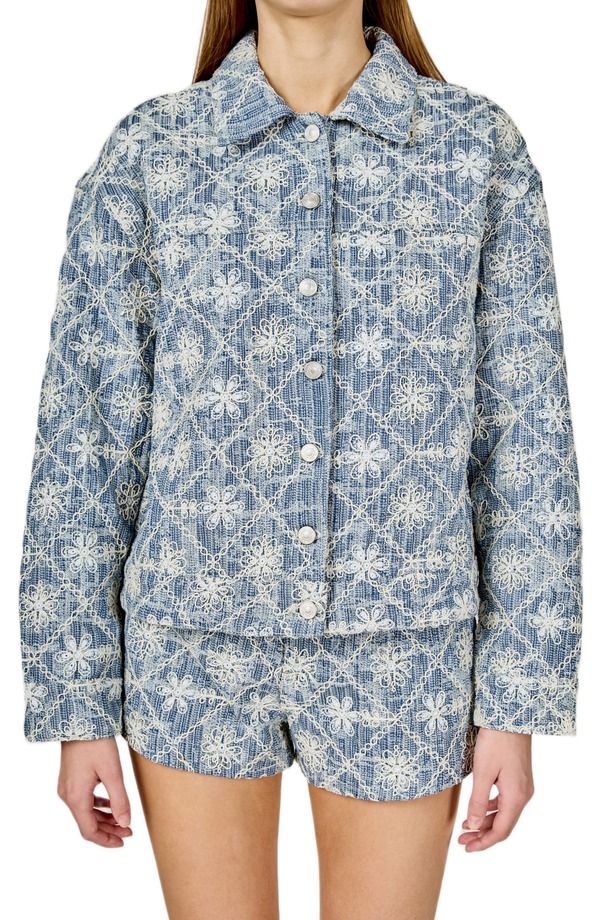 エンドレスローズ レディース ボトムス デニムパンツ フラワー柄 刺繍 フラワー ジャケット Endless Rose Floral Embroidered Nonstretch Denim Jacket Dusty Blue ブルー