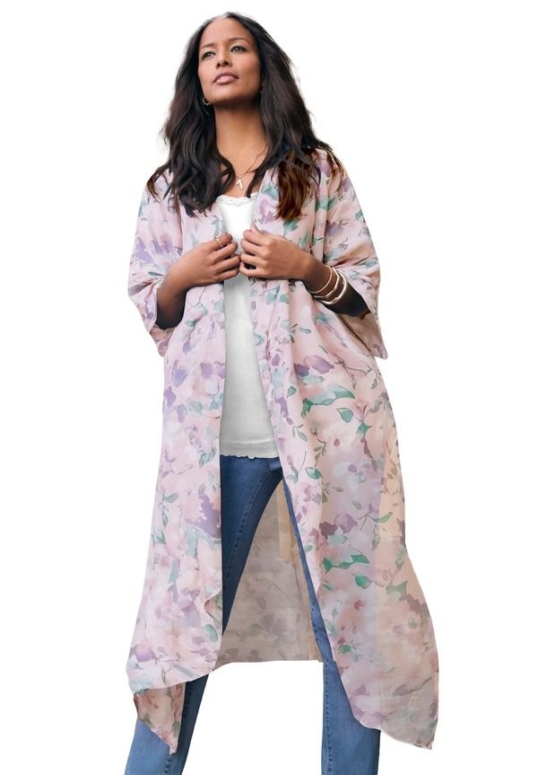 ロアマンズ レディース アウター ジャケット・ブルゾン シフォン プラスサイズ Roamans Plusize Flowy Chiffon Duster Soft Blush Watercolor ブラッシュ
