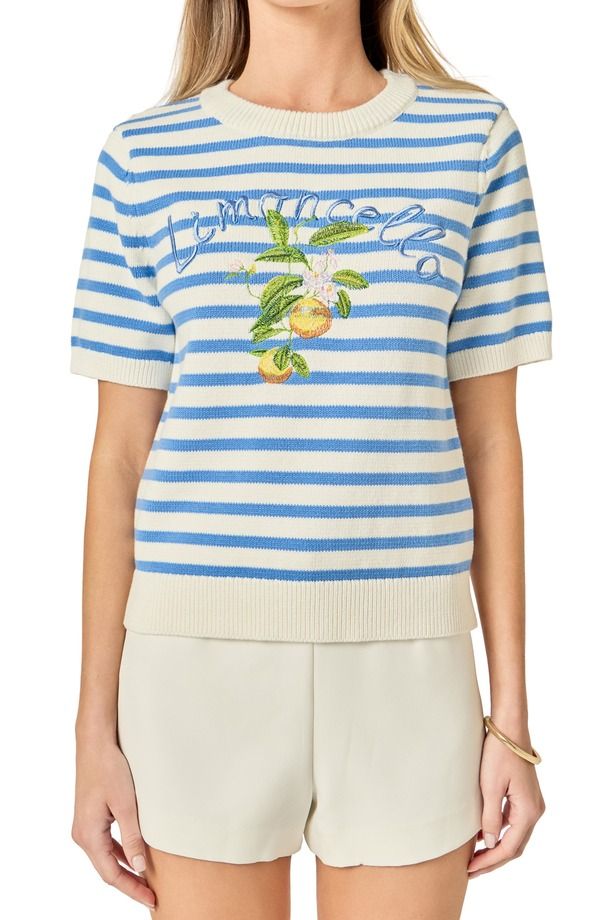 イングリッシュファクトリー レディース アウター パーカー・スウェット セーター コットン English Factory Lemoncello Stripe Short Sleeve Cotton Sweater White Blue ホワイト