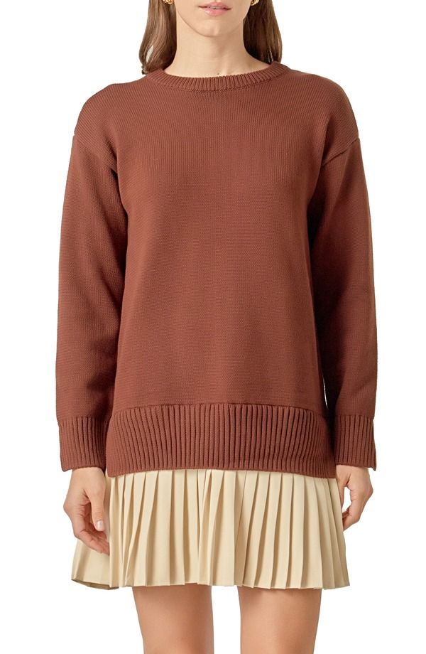 イングリッシュファクトリー レディース ボトムス カジュアルパンツ ミニワンピース プリーツ ミニ English Factory Mixed Media Long Sleeve Pleated Minidress Chocolate Brown Tan ブラ