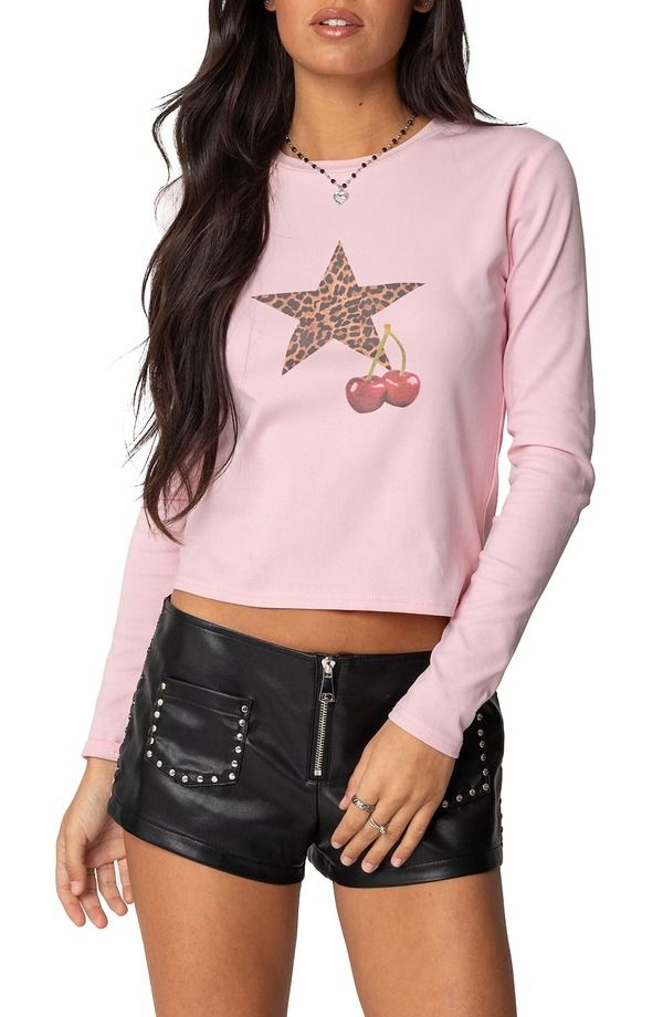 アディクテッド レディース アウター パーカー・スウェット EDIKTED Cherry Leopard Star Long Sleeve Topink ピンク