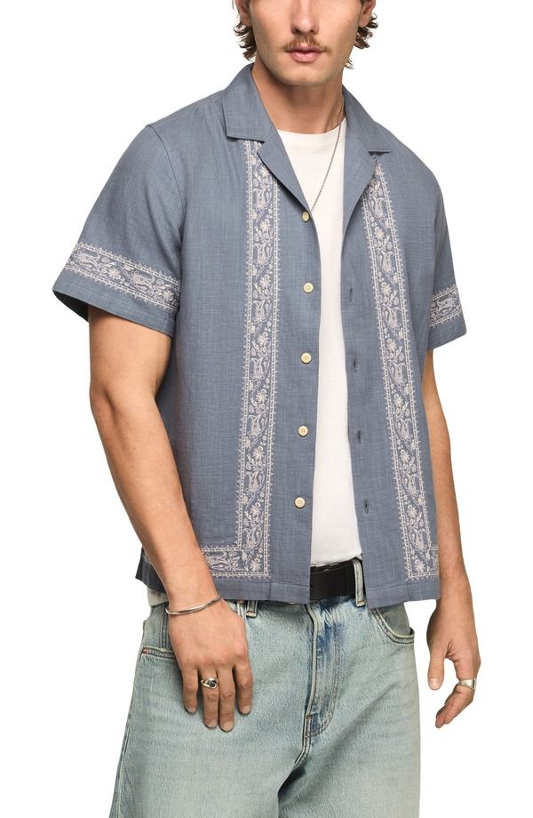 ラッキーブランド メンズ トップス シャツ コットン 刺繍 Lucky Brand Embroidered Cotton Blend Camp Shirt Blue Multi ブルー