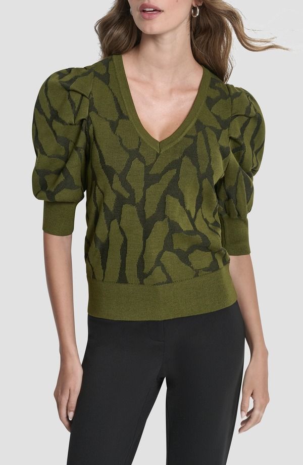 ダナ キャラン ニューヨーク レディース アウター パーカー・スウェット セーター DKNY Texture Puff Sleeve Sweater Dark Olive オリーブ