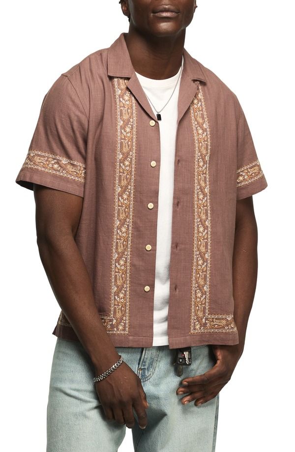 ラッキーブランド メンズ トップス シャツ コットン 刺繍 Lucky Brand Embroidered Cotton Blend Camp Shirt Brown Multi ブラウン