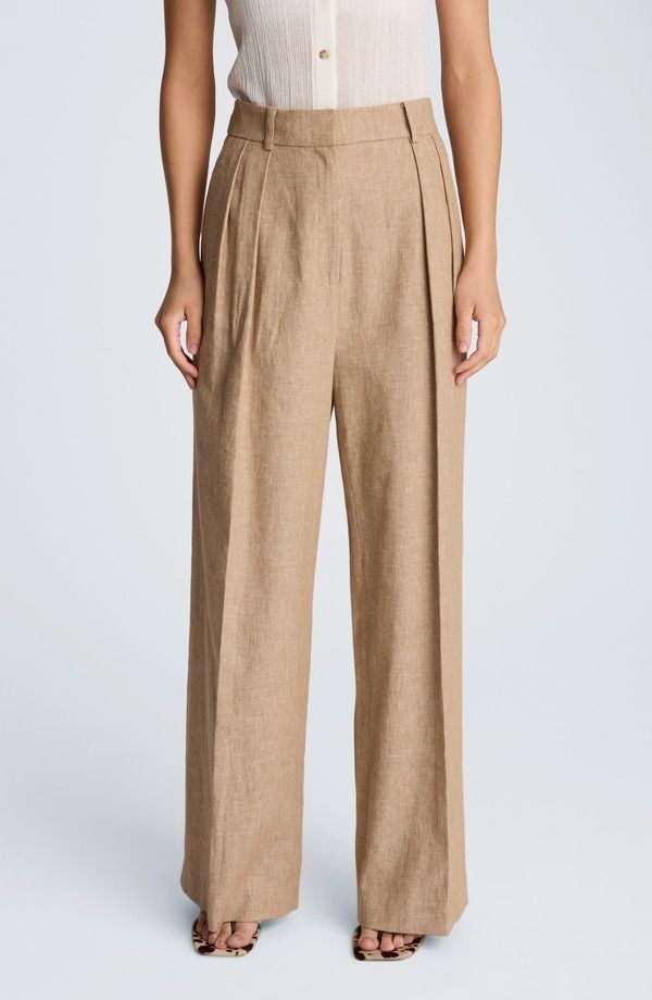 ケネスコール レディース ボトムス レギンス ワイドレッグ パンツ リネン Kenneth Cole Double Pleat Wide Leg Linen Blend Pants Mesa Taup Melange