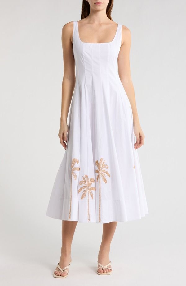 スタウド レディース ボトムス カジュアルパンツ ミディ ノースリーブ STAUD Wellsleeveless Midi Sundress Whitembroidered ホワイト